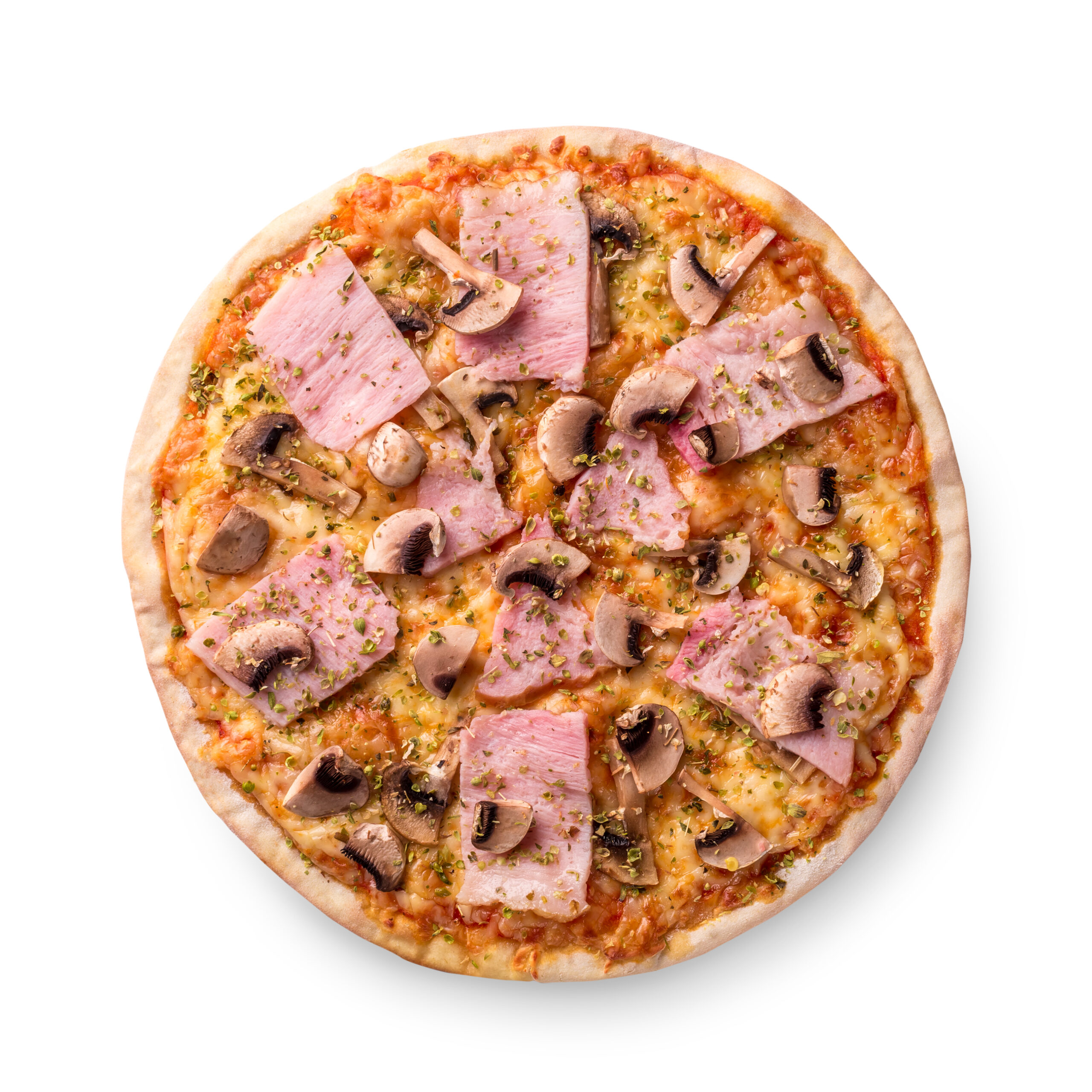Fresh pizza with mushrooms, ham, cheese on white background. Copy space. Top view.